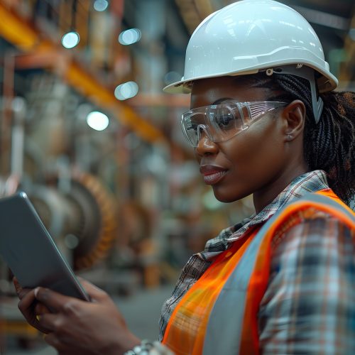 A confident plus-size Black engineer in her 50s, with a white hard hat and safety vest, is standing on a partially constructed building, examining a digital tablet. She is deeply focused, with the structure's skeleton and workers visible around her. The image is taken from a side angle, highlighting her focus and the detailed work around her --ar 3:2 --stylize 1000 Job ID: 98cfa2a3-e0df-4964-9936-79b16bc8e27e