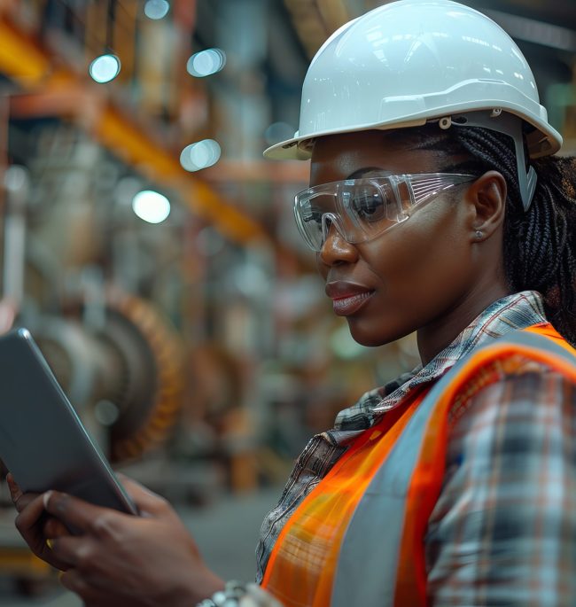 A confident plus-size Black engineer in her 50s, with a white hard hat and safety vest, is standing on a partially constructed building, examining a digital tablet. She is deeply focused, with the structure's skeleton and workers visible around her. The image is taken from a side angle, highlighting her focus and the detailed work around her --ar 3:2 --stylize 1000 Job ID: 98cfa2a3-e0df-4964-9936-79b16bc8e27e